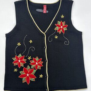 Vintage Poinsettia Holiday Sweater Vest Womens Large Black Embroidered Christmas